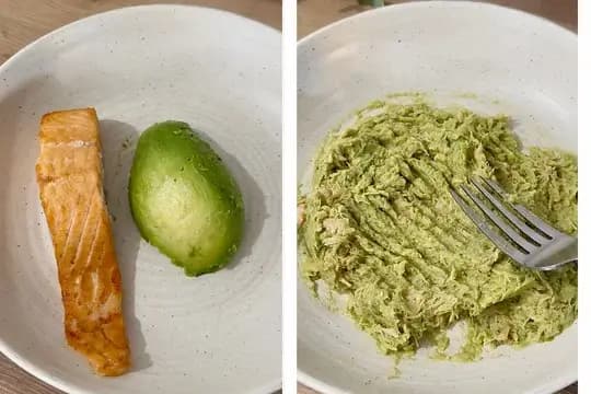 Bowl of mashed avocado and salmon – a nutritious meal rich in healthy fats and protein.