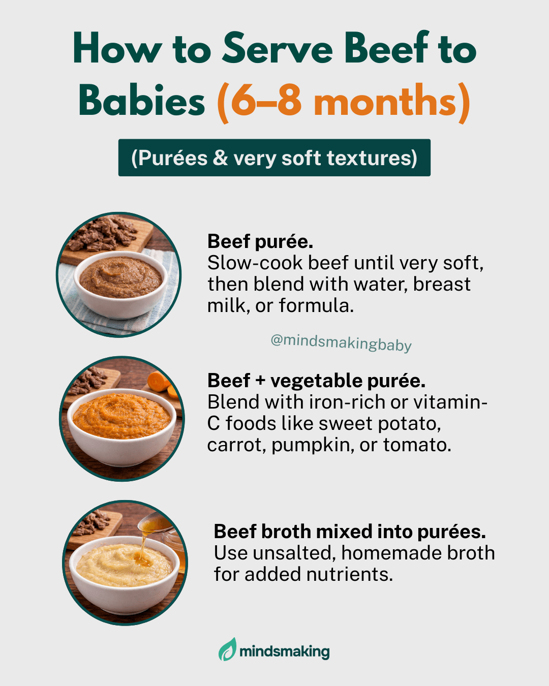 Illustration of a baby tasting small, soft pieces of cooked beef for the first time, emphasizing safe introduction and portion control.