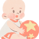 A charming, textured, pastel-style illustration of a baby with rosy cheeks, wearing a white and coral-colored outfit. The baby is seated and is holding a large coral-red ball decorated with yellow stars. The image suggests a focus on early childhood development, playtime, fine motor skills, and sensory exploration.