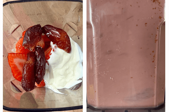 "Blended strawberry mixture in a blender, smooth and creamy for pouring."