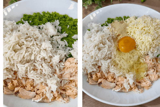 Mixing cooked rice, grated cheese, egg, and mild seasonings in a bowl.