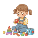 Toddler stacking blocks and opening small containers against a white background, showing improved hand coordination and problem-solving skills.