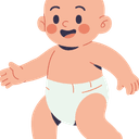 Flat, graphic illustration of a cheerful, smiling baby with a light skin tone, rosy cheeks, and minimal hair, wearing only a white diaper, standing and reaching out with both hands as if ready to walk or hug. This image represents early developmental milestones like standing or walking.