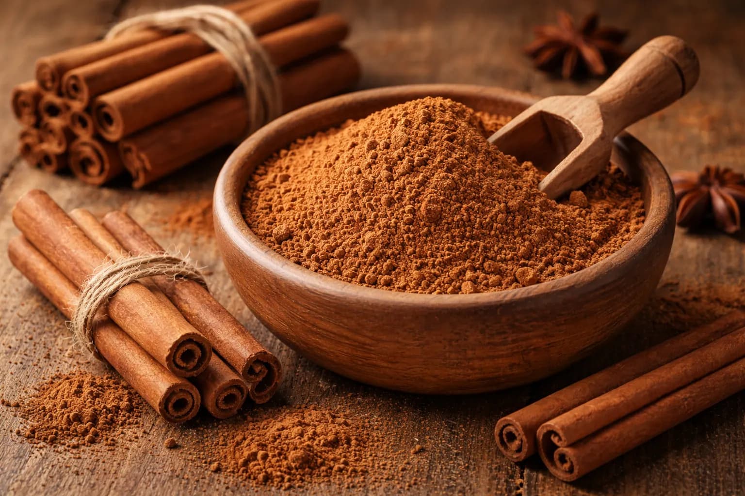 Ground cinnamon powder in a wooden bowl with a scoop, surrounded by bundles of organic cinnamon sticks and star anise on a rustic wooden surface.