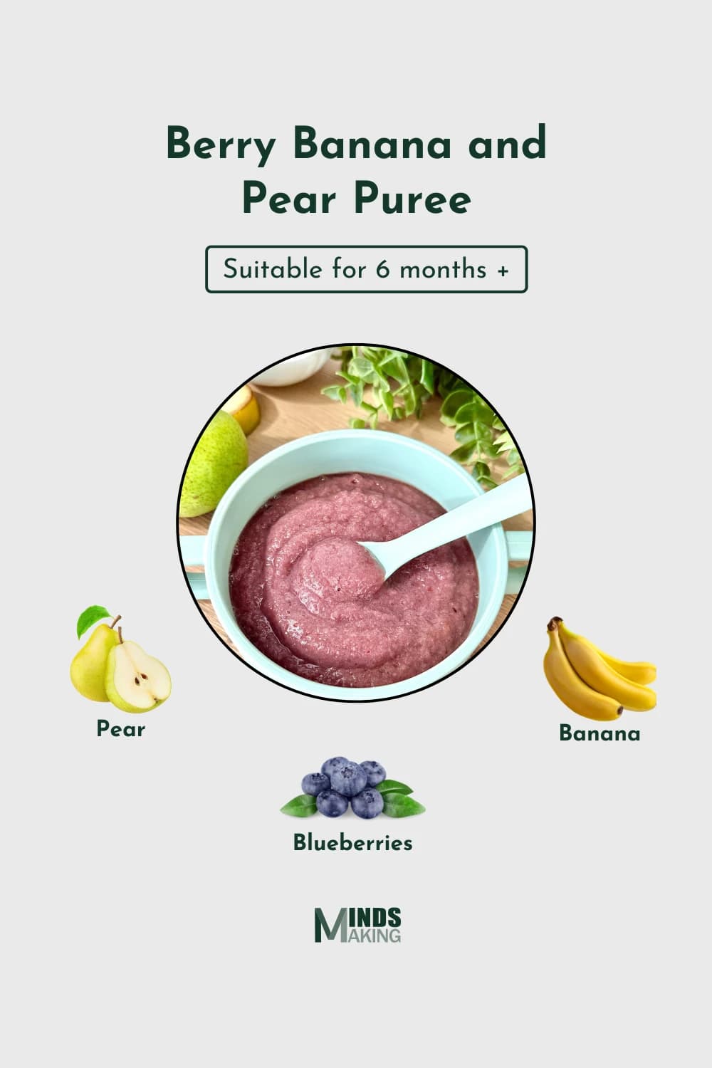 A graphic for a baby food recipe titled "Berry Banana and Pear Puree." The image displays a bowl of the finished purée in the center, surrounded by illustrations of the individual ingredients: