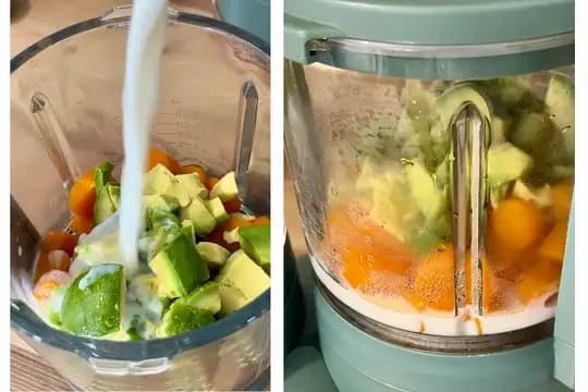 Bowl of washed and peeled carrots, prunes, and avocado, prepared for blending into a smooth puree.