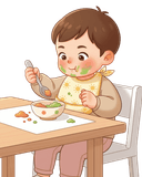 Toddler practicing eating with a spoon at the table, smiling proudly despite small spills while learning to feed themselves.