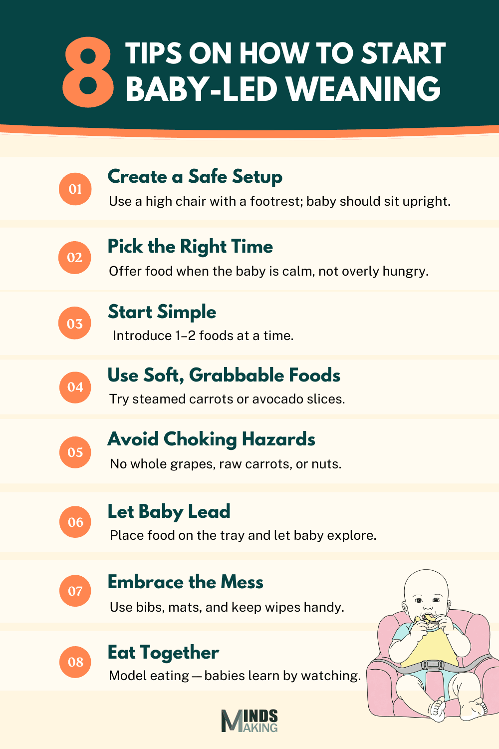 "Infographic: 8 tips on how to start baby-led weaning, including creating a safe setup, picking the right time, starting simple, using soft grabbable foods, avoiding choking hazards, letting baby lead, embracing the mess, and eating together."