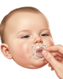 Close-up illustration of a baby demonstrating the sucking reflex, gently sucking on a pacifier held by an adult hand. The baby looks calm and soothed. Clean illustration with a white background, suitable for infant reflex and newborn development educational materials."