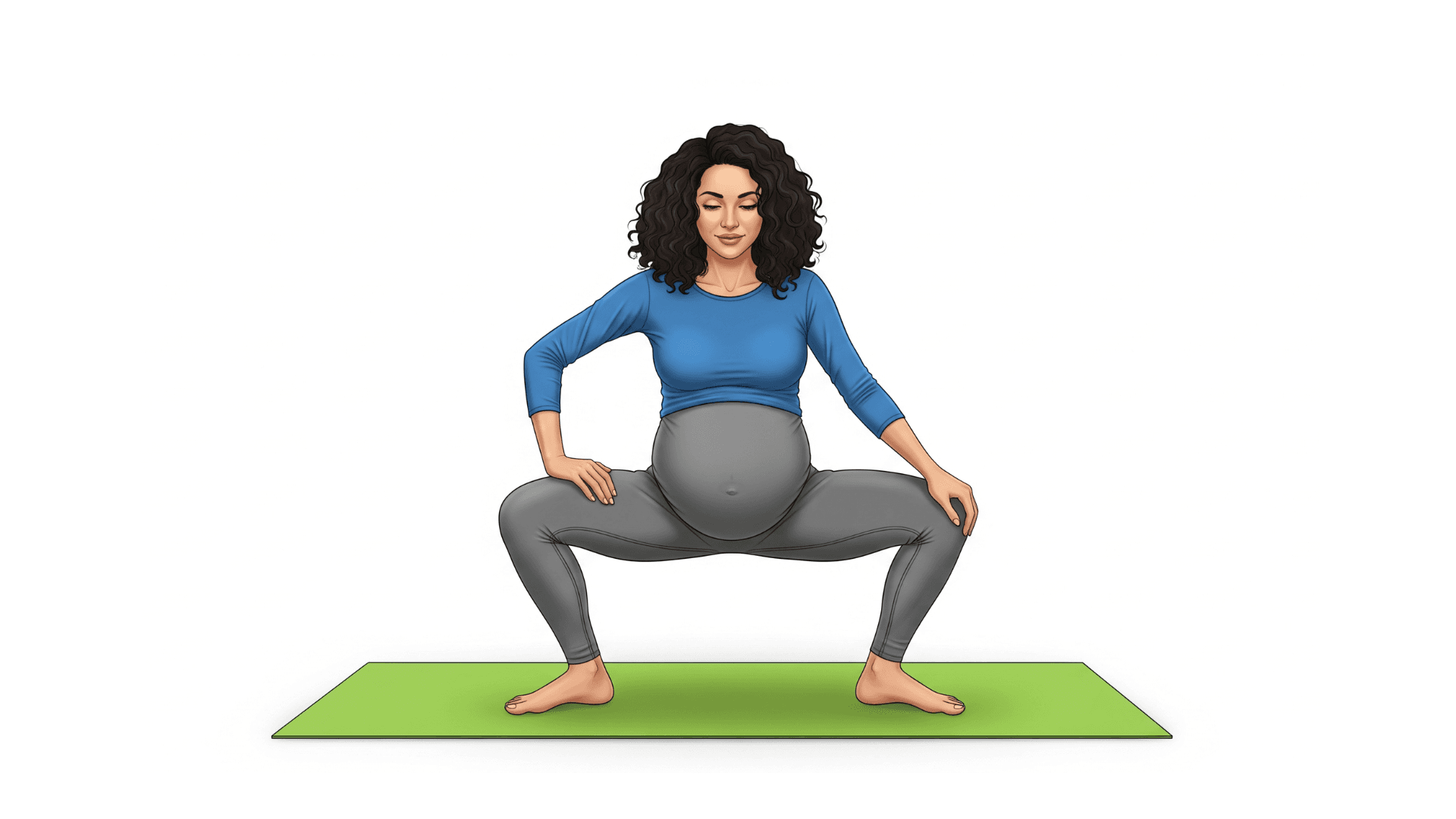 Pregnant woman squatting to induce labor, holding a stable position with focus and balance.