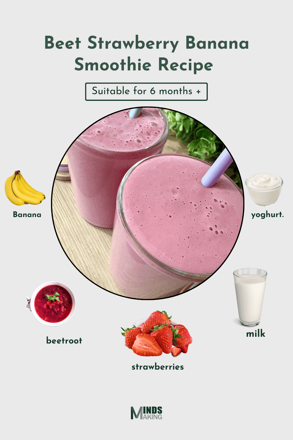 Beet Strawberry Banana Smoothie recipe for babies 6 months and older, made with ingredients like banana, beetroot, strawberries, yoghurt, and milk. A healthy and delicious homemade baby food recipe designed by MindsMaking.