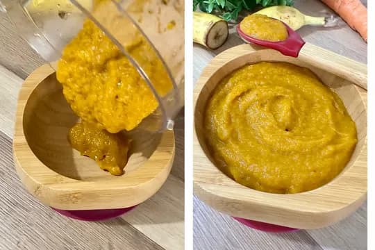 "Smooth orange banana and carrot puree being poured from a blender into a wooden baby bowl, with the finished puree shown in the second frame, illustrating a healthy homemade baby food."