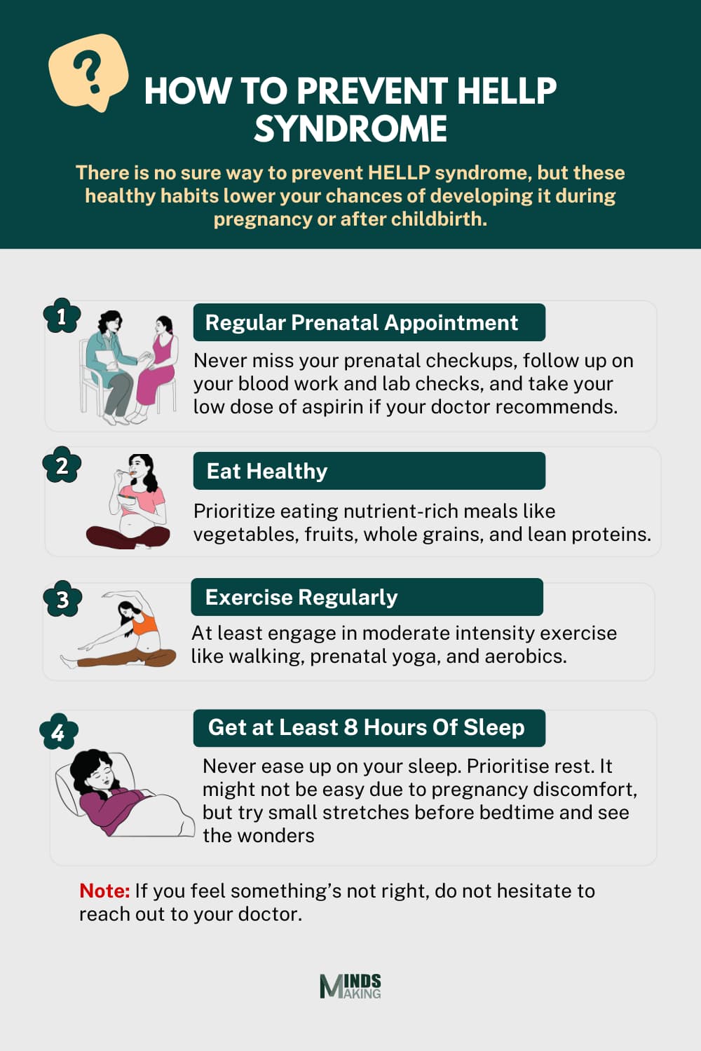 The infographic provides guidance on reducing the risk of developing HELLP syndrome during pregnancy or after childbirth by adopting healthy habits. It emphasizes the importance of regular prenatal appointments, a balanced diet, regular exercise, and adequate sleep. Additionally, it advises pregnant women to consult their doctor if they experience any unusual symptoms. Meta AI response: The infographic provides guidance on reducing the risk of developing HELLP syndrome during pregnancy or after childbirth by adopting healthy habits. It emphasizes the importance of regular prenatal appointments, a balanced diet, regular exercise, and adequate sleep. Additionally, it advises pregnant women to consult their doctor if they experience any unusual symptoms.