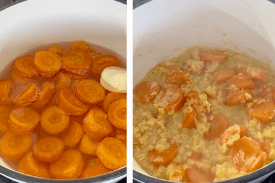 An image of carrots and lentils in a boiling pot.