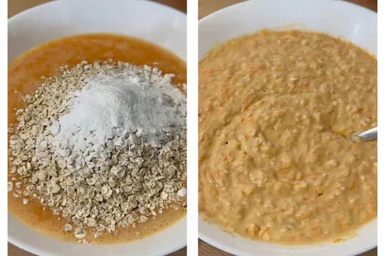 Mixing flour, oats, and baking powder into wet batter for applesauce carrot breakfast cake