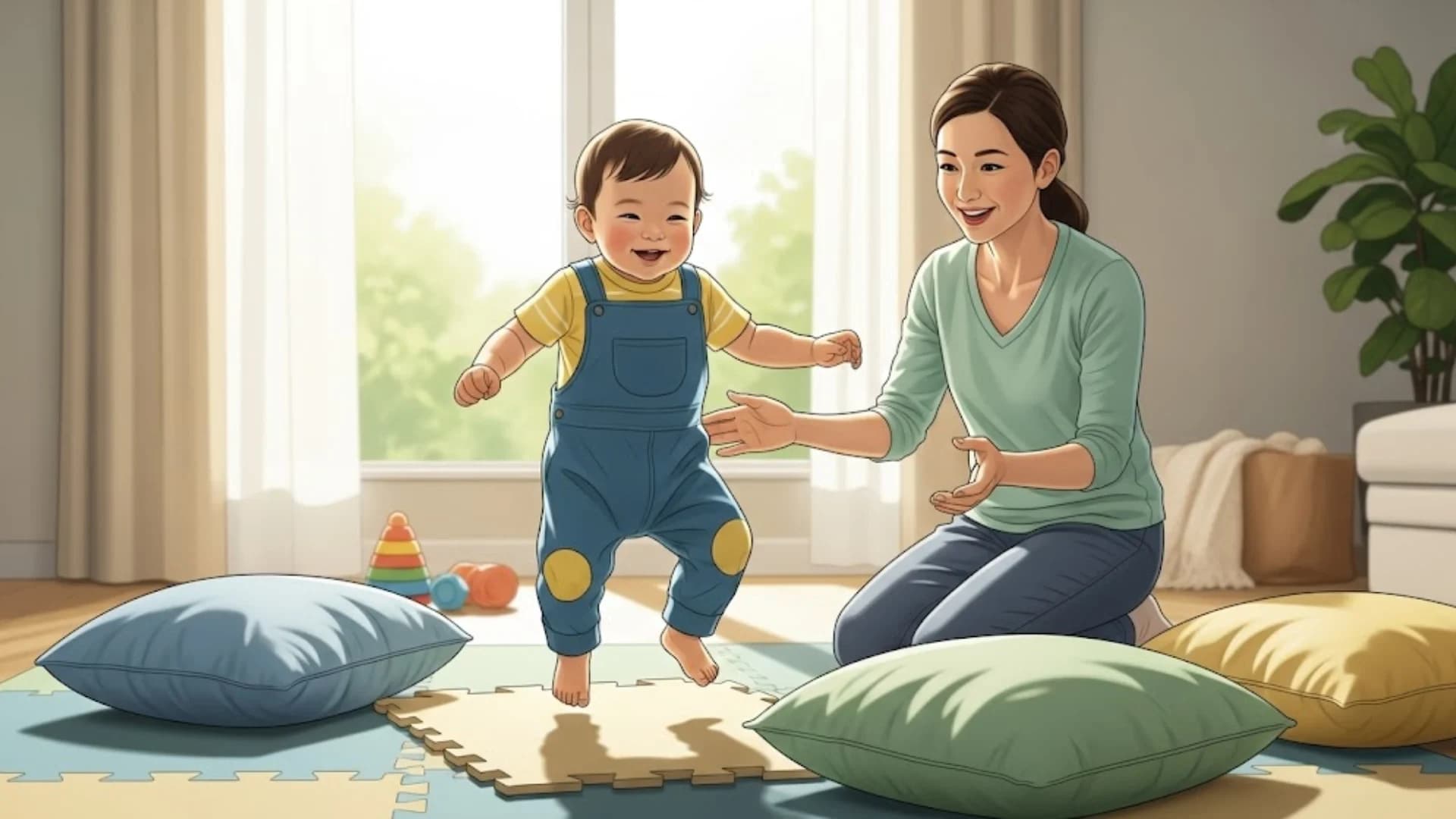 "Happy mother and baby practicing walking in a safe indoor environment with soft mats and pillows."