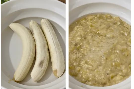 "Three ripe bananas in a white bowl and their mashed form prepared for making eggless banana muffin batter."