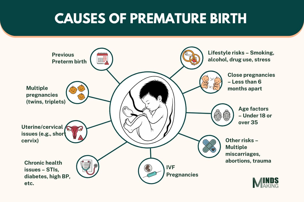 "Causes of Premature Birth infographic: Previous preterm birth, multiple pregnancies, uterine/cervical issues, chronic health issues, IVF pregnancies, lifestyle risks, close pregnancies, age factors, other risks."