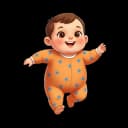 Illustration of a cute, happy baby or toddler wearing an orange sleeper with blue stars, walking steadily with arms out for balance.