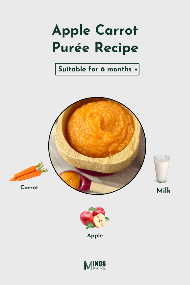 Bright orange apple carrot purée in a wooden bowl, with a baby spoon and fresh ingredients in the background.