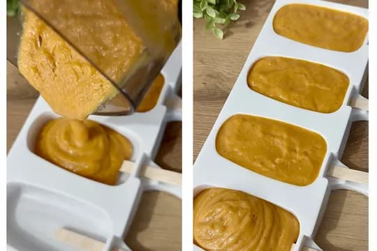 Pouring smooth carrot mixture into popsicle molds for freezing homemade carrot ice cream popsicles