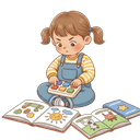 A curious toddler practices finger control by pressing toy buttons, pointing at objects, and turning book pages against a white background.