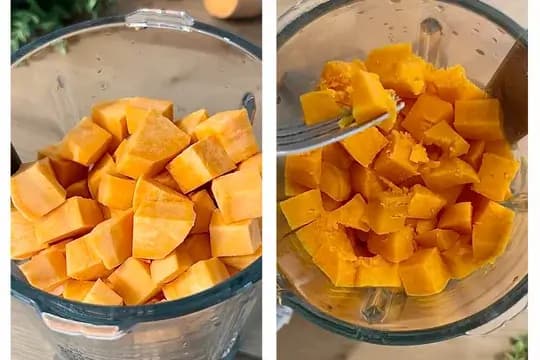 Chopped sweet potatoes in a bowl, ready to be blended into a smooth puree.