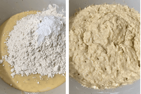 Step-by-step pumpkin banana pancake batter preparation showing flour added to wet ingredients and fully mixed thick batter, ideal for healthy breakfast recipe blogs and baby-friendly pancake tutorials.