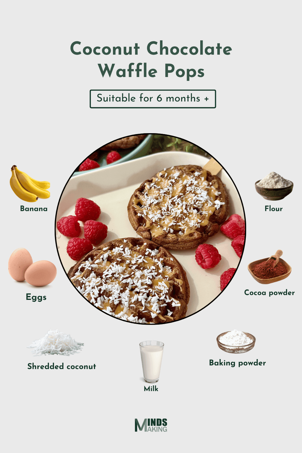 Ingredients for chocolate coconut banana waffles: ripe bananas, eggs, milk, flour, baking powder, unsweetened cocoa powder, and shredded coconut.