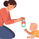 Flat design vector illustration showing a mother (or caregiver) with brown hair in a bun, wearing a coral shirt and blue pants, kneeling on the floor and smiling at her baby. The baby, wearing a yellow outfit, is crawling or reaching for a colorful rattle toy the mother is offering. This image represents interactive play, parent-child bonding, and early development.