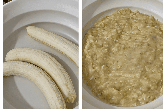 Ripe bananas being mashed in a large mixing bowl with a fork — creating a smooth base for healthy oat cups.