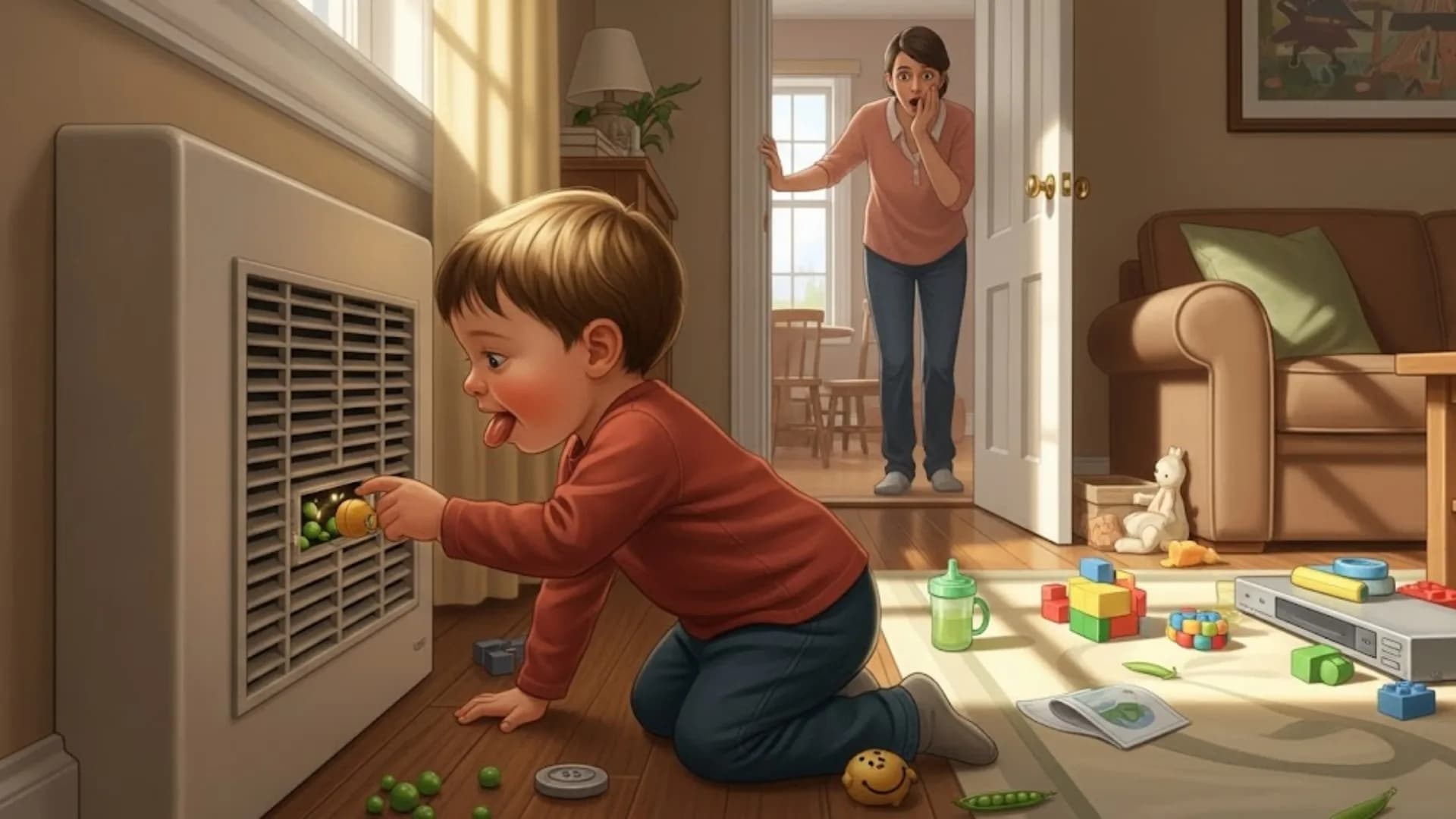 "Mother shocked as a toddler stuffs peas into a floor vent or wall heater, depicting common childproofing challenges."