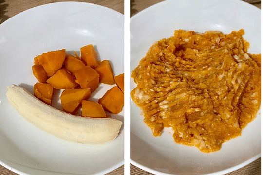 Cooked sweet potato and ripe banana being mashed together in a mixing bowl using a fork or potato masher.