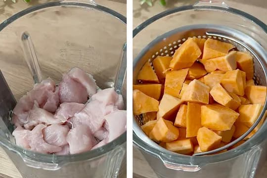 Chopped sweet potato, chicken, and broccoli prepped for homemade baby food purée