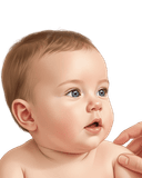 "Close-up illustration of an alert baby turning their head toward a sound or touch (possibly on the shoulder), showing early signs of sound recognition and attentiveness. The baby's expression is curious and calm. Clean illustration with a white background, suitable for infant development and newborn senses educational materials."
