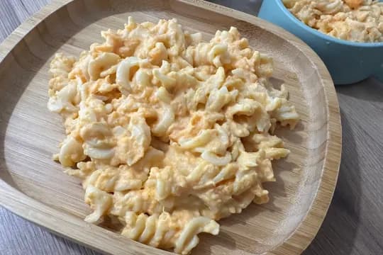 Creamy sweet potato pasta served in a bowl – healthy and delicious toddler-friendly meal idea.