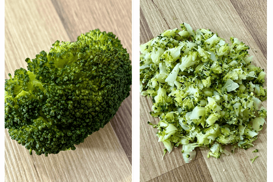 finely chop the steamed broccoli into small pieces and offer it on a preloaded spoon for practice.