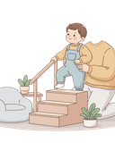 Toddler climbing stairs with a parent’s hand for support, showing early development of balance and independence.