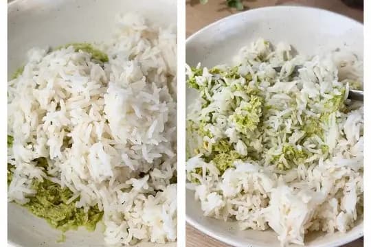 Bowl of mashed avocado, salmon, and rice – a nutritious and balanced meal rich in healthy fats and protein.