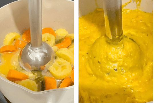 A hand using an immersion blender in the pot to purée the softened ingredients into a smooth or slightly textured mixture, with a regular blender option shown beside it.