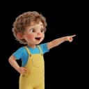 Illustration of a cheerful toddler in yellow overalls pointing excitedly, demonstrating a key communication milestone and shared attention.