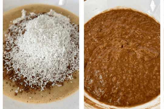 Dry ingredients—flour, baking powder, cocoa powder, and shredded coconut—being gently stirred into the banana mixture.