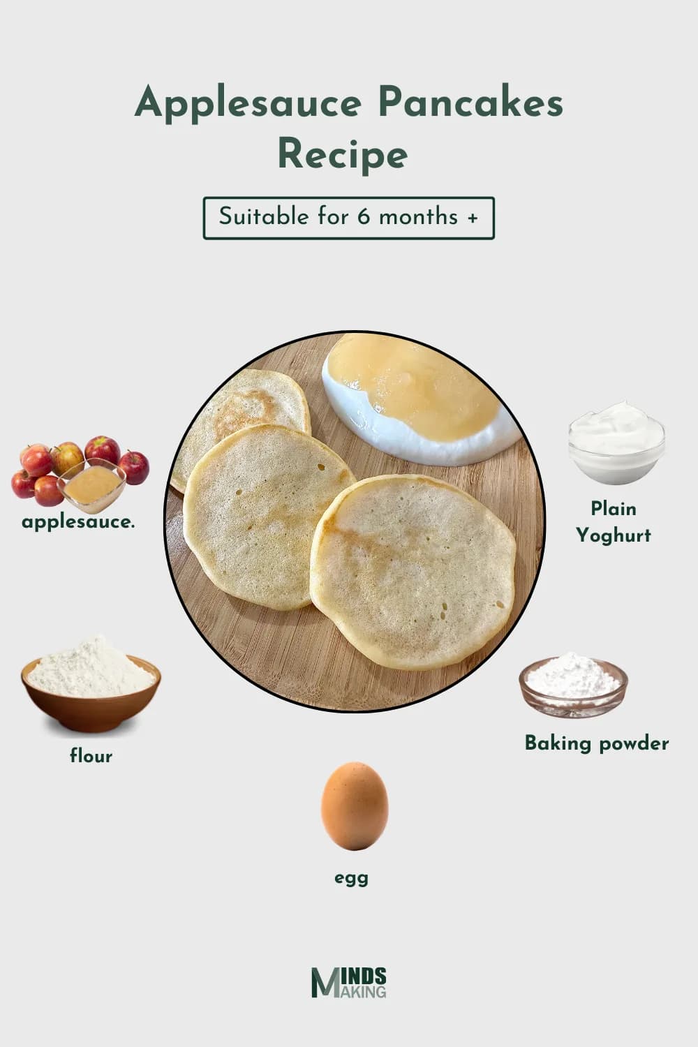 Applesauce Pancakes recipe for babies 6 months and older, made with ingredients like: applesauce, flour, plain yoghurt, baking powder, and egg. A healthy and easy-to-make nutritious homemade baby food recipe designed by Mindsmaking.