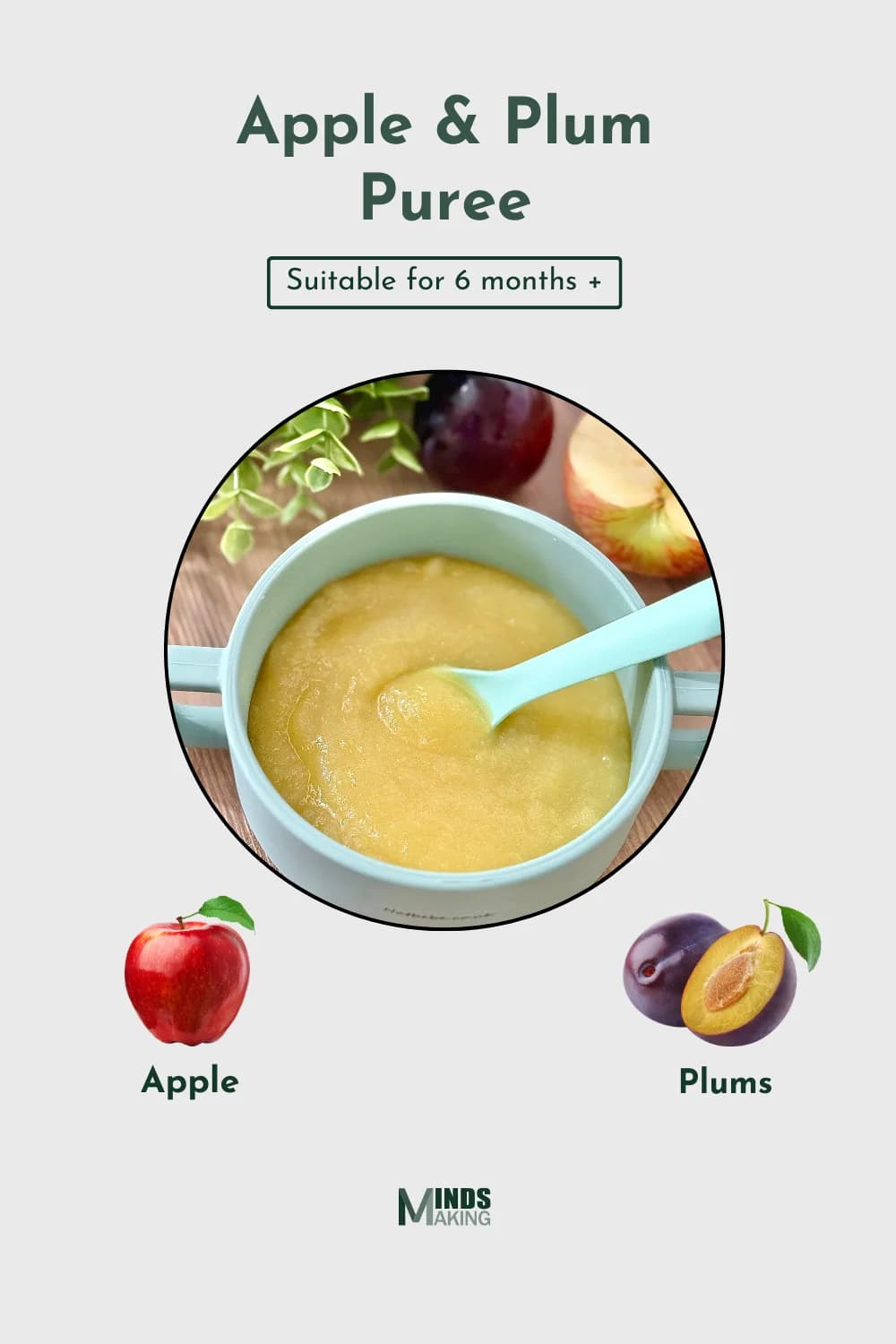 A recipe card for Apple & Plum Puree. The central image shows a light blue bowl filled with a smooth, yellow puree and a matching spoon, with a whole plum and half an apple in the blurred background.