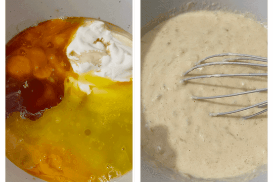 Add the yogurt, eggs, melted butter, and vanilla extract to the mashed bananas. Whisk everything together until well combined.