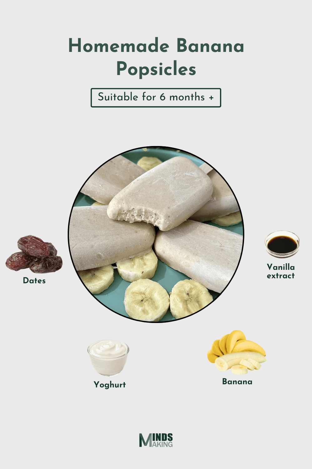 Ingredients for banana popsicles laid out on a surface: three ripe bananas broken into chunks, one to two pitted soft dates, a small bowl of plain full-fat yoghurt, and a teaspoon of vanilla extract.