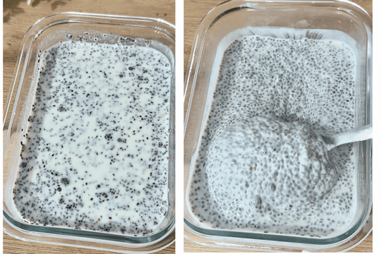 Chia pudding mixture covered and refrigerated for at least 3 hours to allow chia seeds to absorb liquid and achieve a thick, creamy texture.