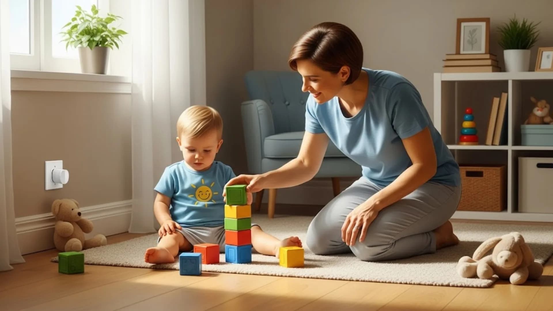 "Smiling mother and toddler playing with colorful building blocks in a child-safe living room with a covered electrical outlet."