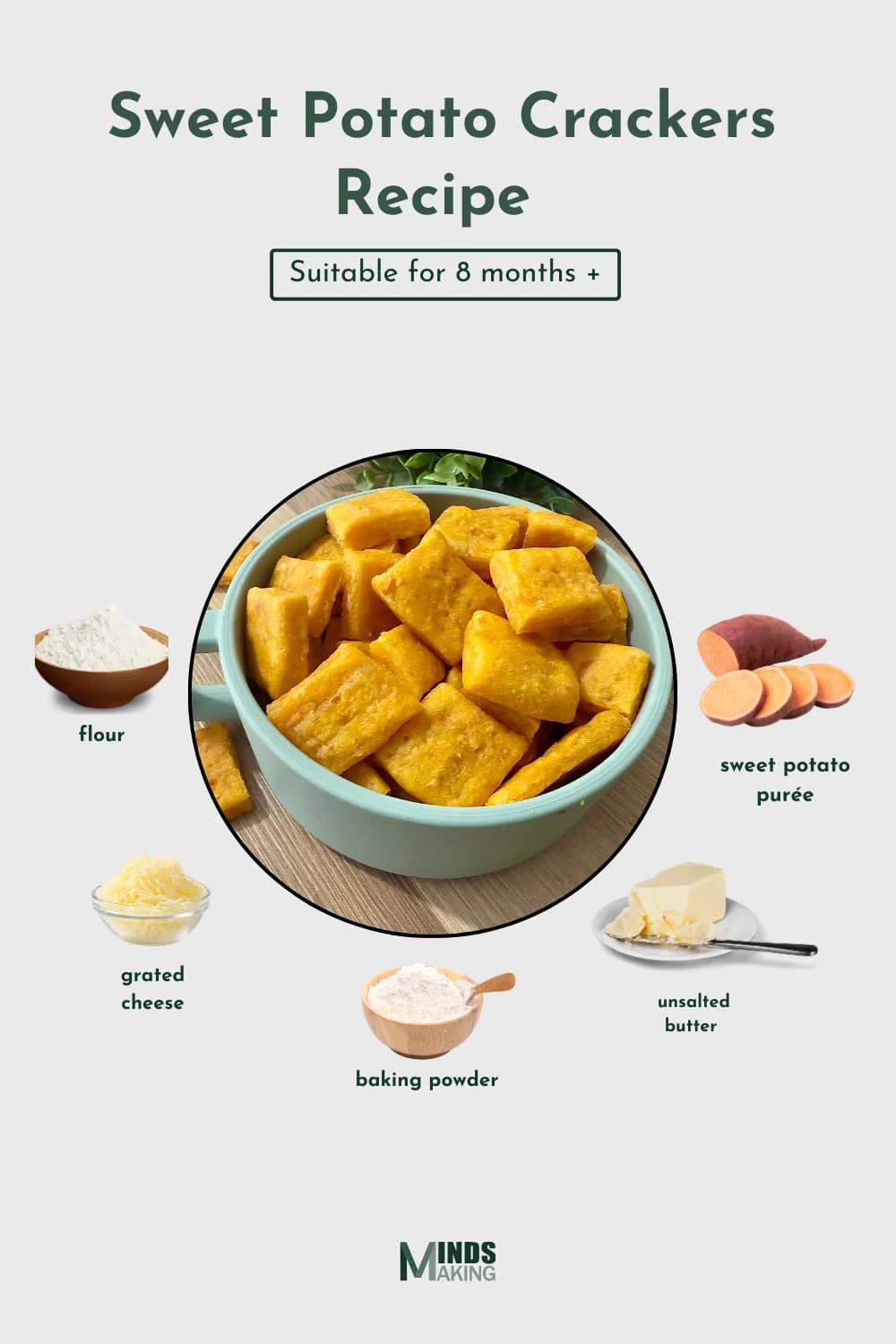 Sweet Potato Crackers recipe for babies 8 months and older, made with ingredients like sweet potato purée, flour, grated cheese, unsalted butter, and baking powder. A healthy and easy-to-make nutritious homemade baby food recipe designed by MindsMaking.