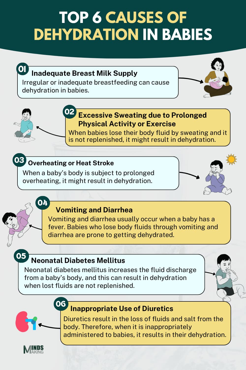 “Top 6 Causes of Dehydration in Babies” Alt Text: Top 6 causes of dehydration in babies, including: inadequate breast milk supply, excessive sweating from physical activity, overheating or heat stroke, vomiting and diarrhea, neonatal diabetes mellitus, and inappropriate use of diuretics. A helpful, illustrated educational baby health guide by Mindsmaking.